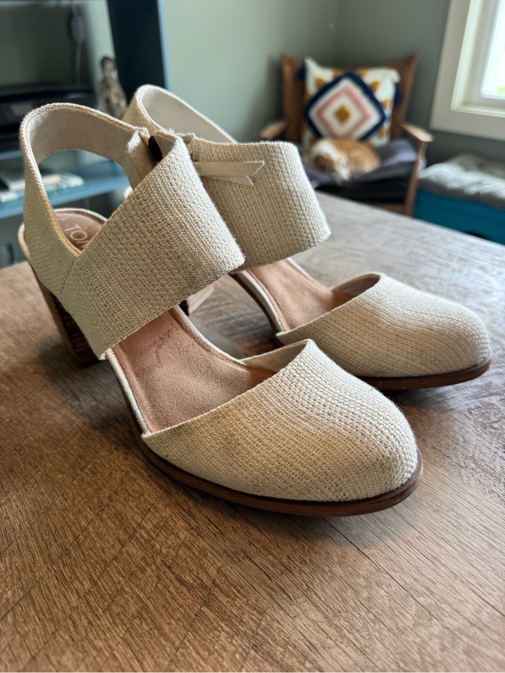 Toms Beige Textured Slingback Block Heels
